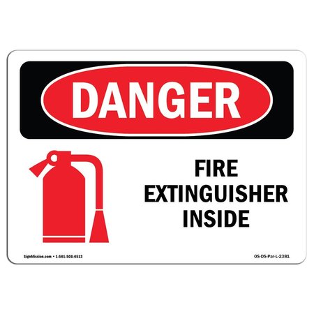 SIGNMISSION OSHA Danger Sign, Fire Extinguisher Inside, 5in X 3.5in Decal, 10PK, 3.5" W, 5" L, Landscape, PK10 OS-DS-D-35-L-2381-10PK